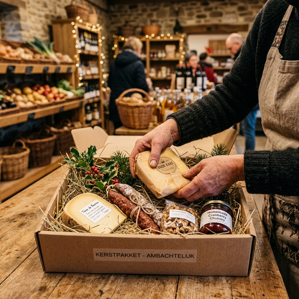 Handmatig inpakken van een kerstpakket op de boerderij